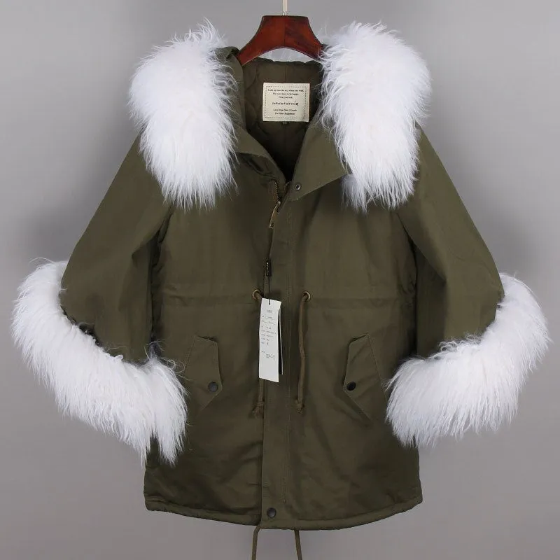 MAOMAOKONG natural wool oversized fur collar trumpet sleeve cotton loose coat Women's jacket