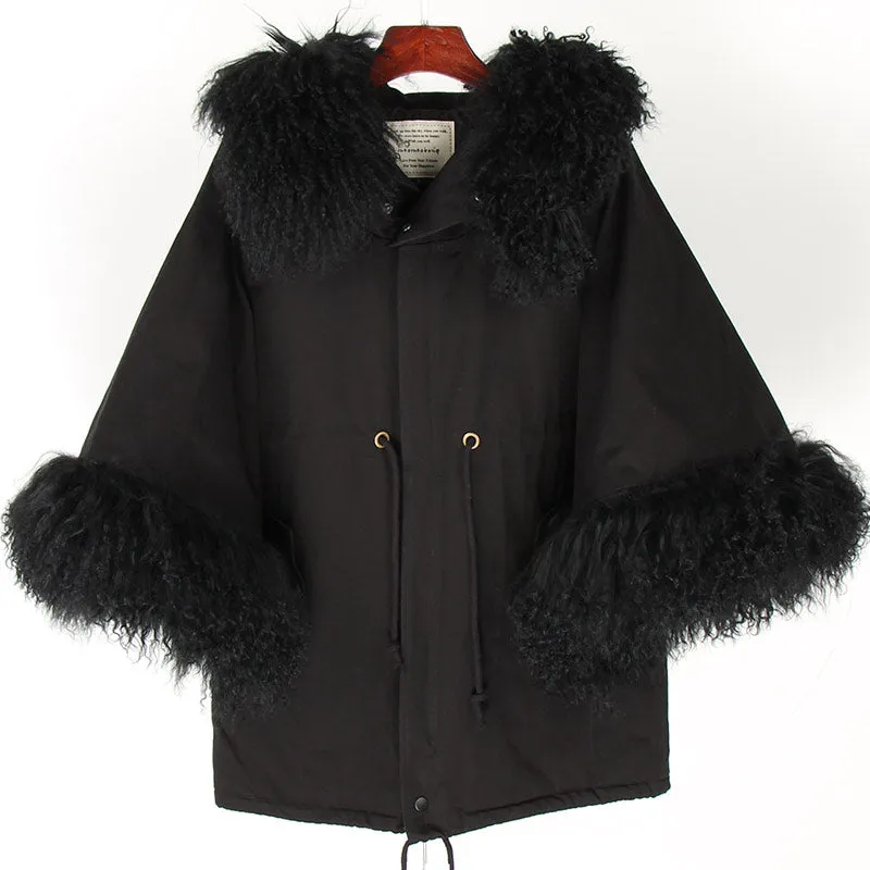 MAOMAOKONG natural wool oversized fur collar trumpet sleeve cotton loose coat Women's jacket