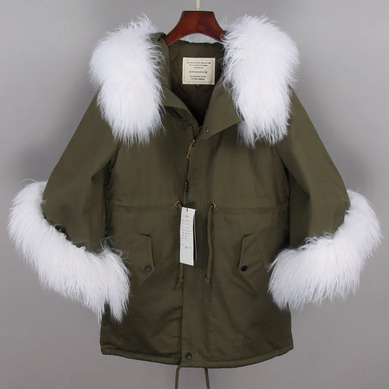 MAOMAOKONG natural wool oversized fur collar trumpet sleeve cotton loose coat Women's jacket