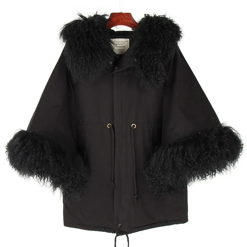 MAOMAOKONG natural wool oversized fur collar trumpet sleeve cotton loose coat Women's jacket