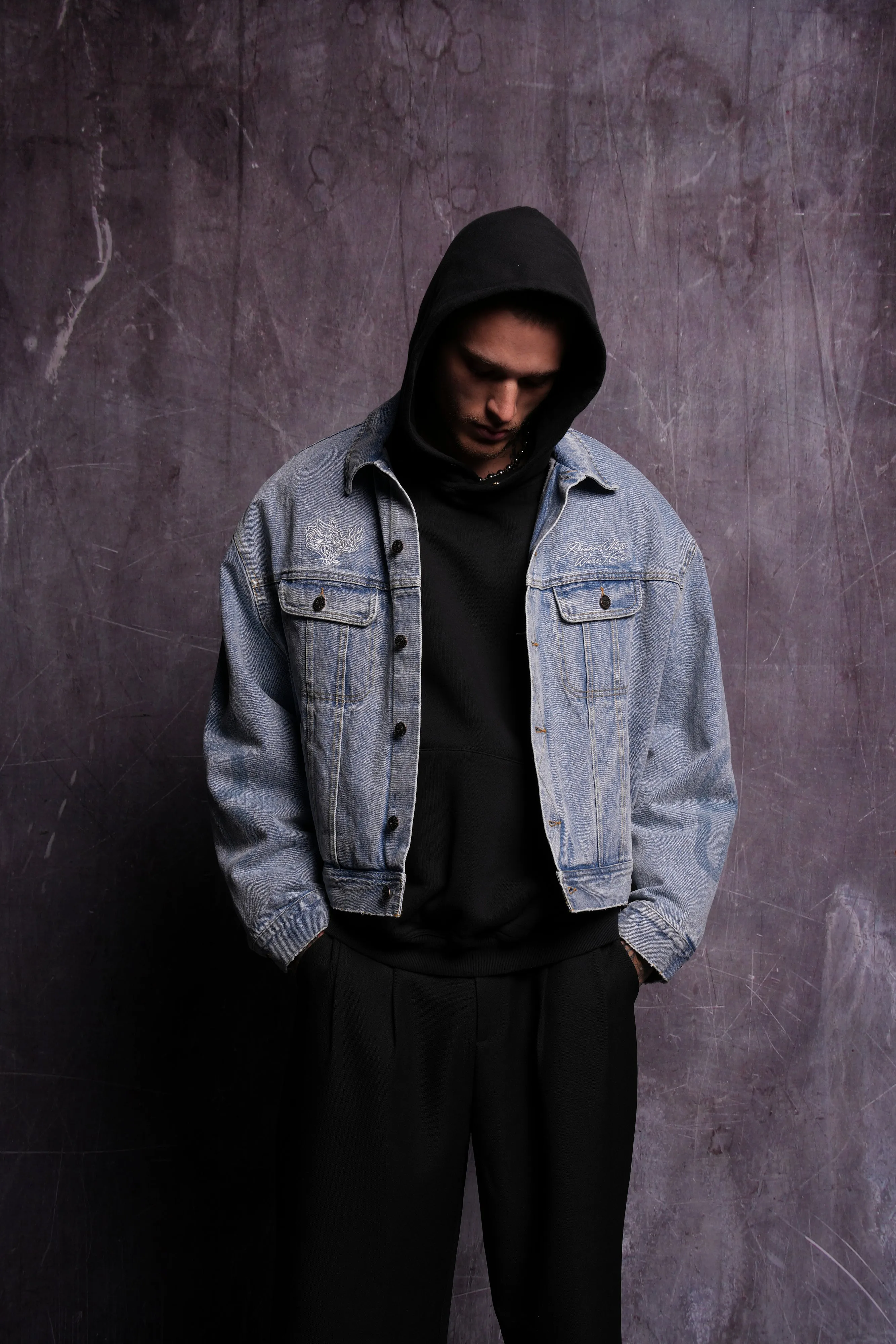 Roses While We're Here Cropped American Denim Jacket in Medium Wash