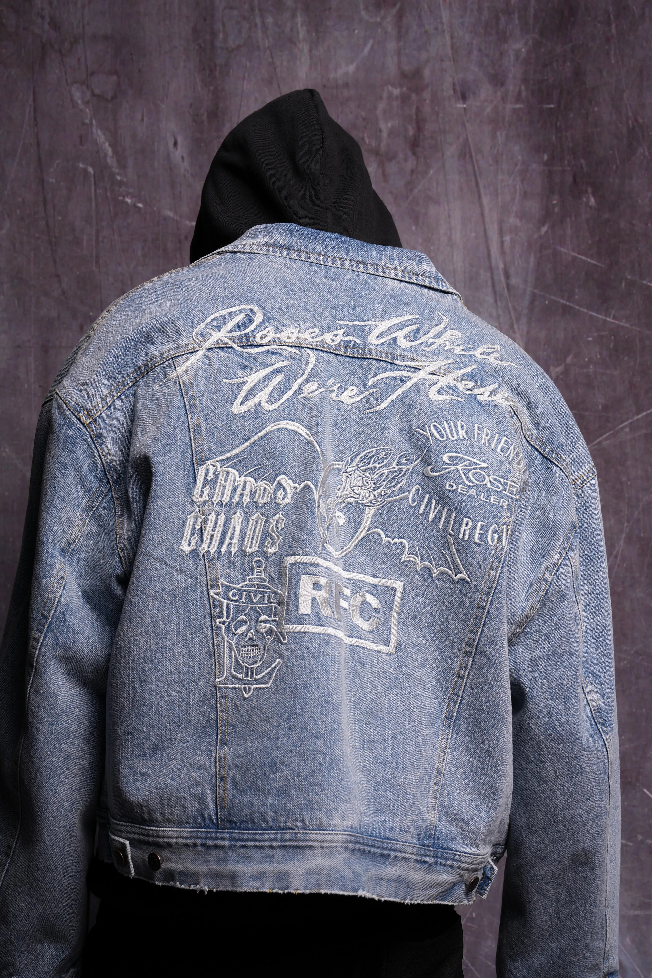 Roses While We're Here Cropped American Denim Jacket in Medium Wash