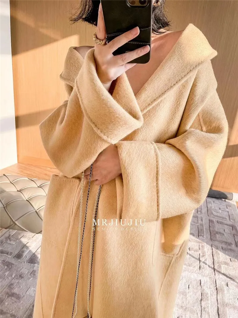 Women Autumn Double-sided Wool Coats and Jackets Women High-end Handmade Trench Coat Women Mulberry Silk Long Coat for